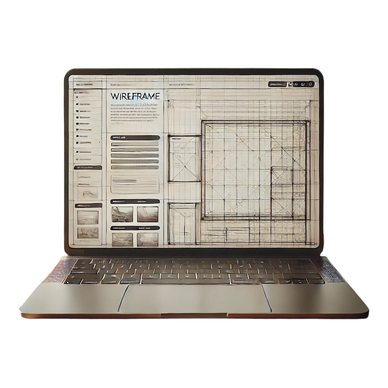 Laptop zeigt Wireframe-Design auf dem Bildschirm.